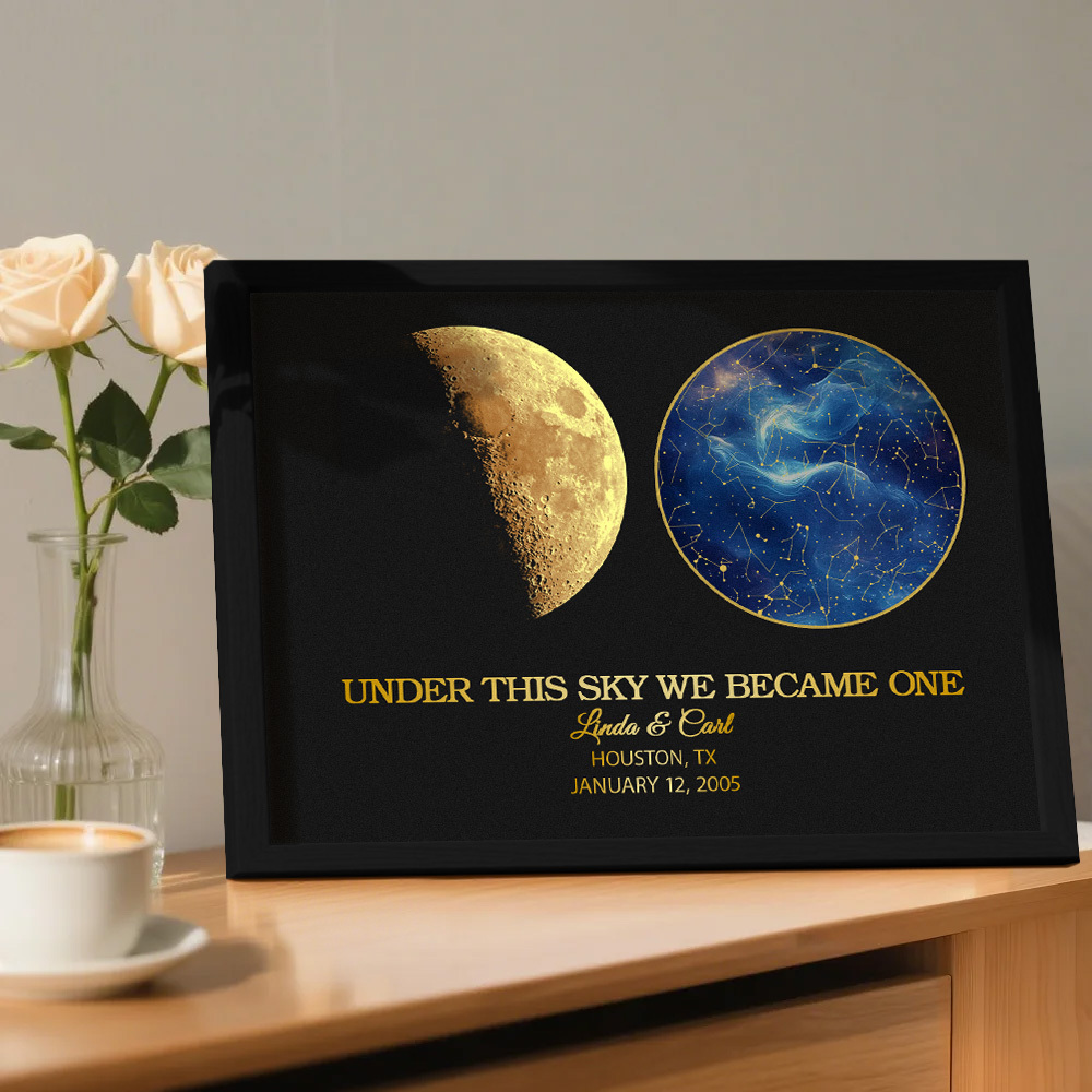 "Our Night Sky" Custom Moon Phase & Star Map Plaque - Personalized Wooden Frame Anniversary Gift for Couple