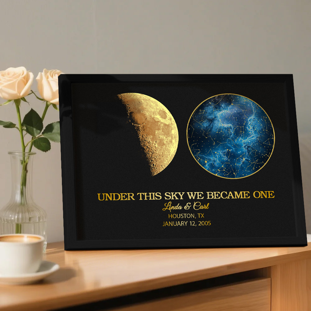"Our Night Sky" Custom Moon Phase & Star Map Plaque - Personalized Wooden Frame Anniversary Gift for Couple