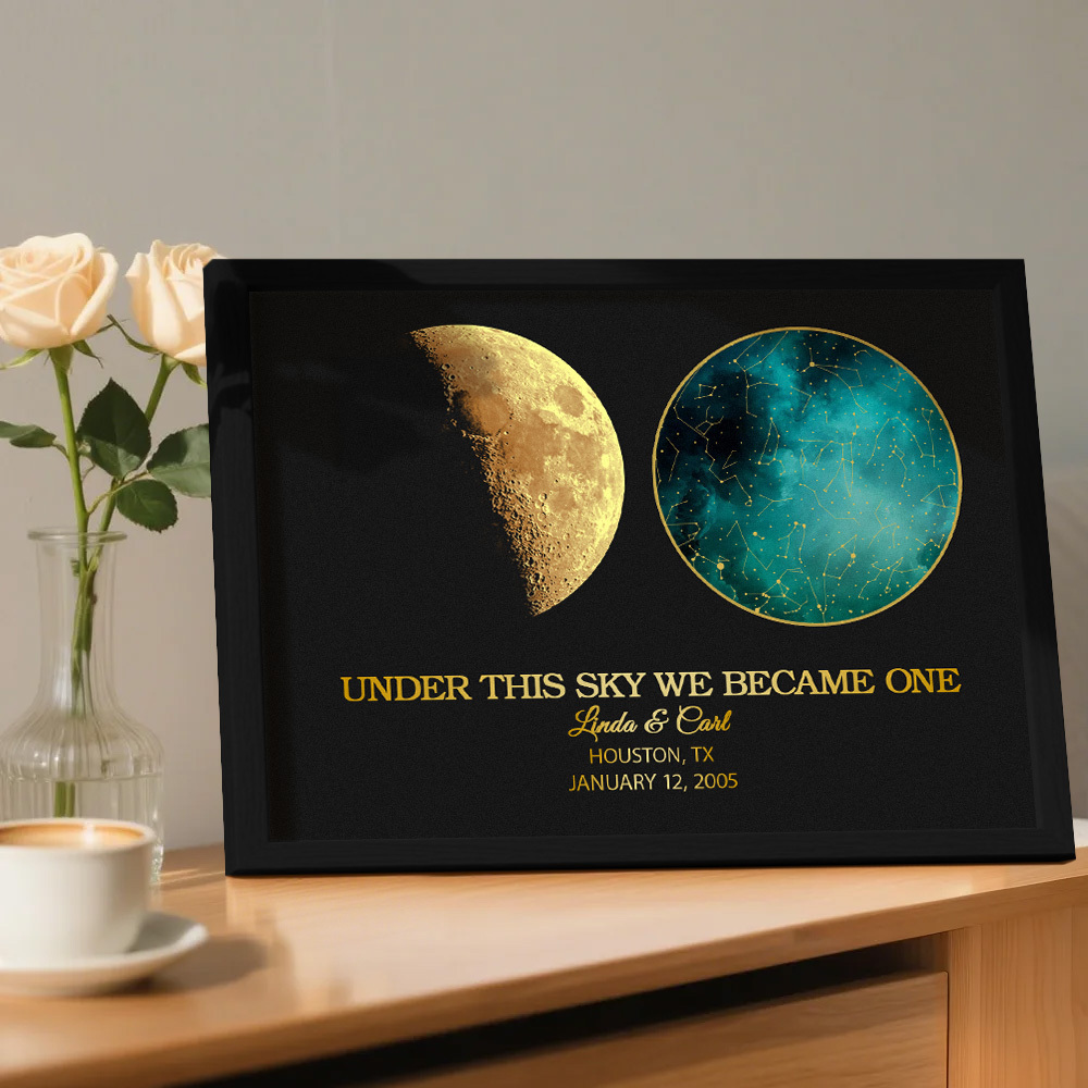 "Our Night Sky" Custom Moon Phase & Star Map Plaque - Personalized Wooden Frame Anniversary Gift for Couple