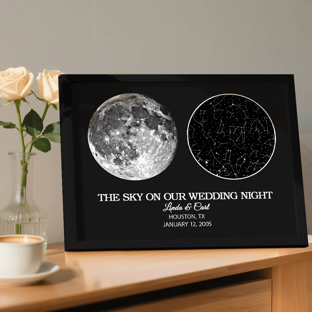 "Our Night Sky" Custom Moon Phase & Star Map Plaque - Personalized Wooden Frame Anniversary Gift for Couple