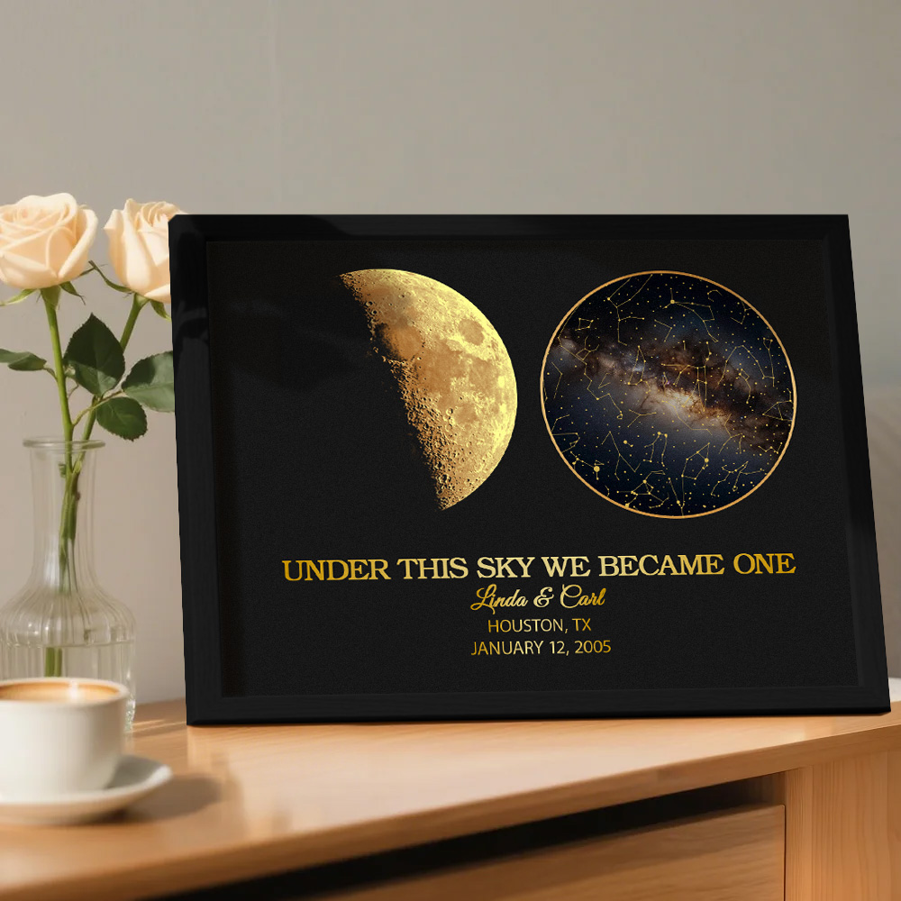 "Our Night Sky" Custom Moon Phase & Star Map Plaque - Personalized Wooden Frame Anniversary Gift for Couple