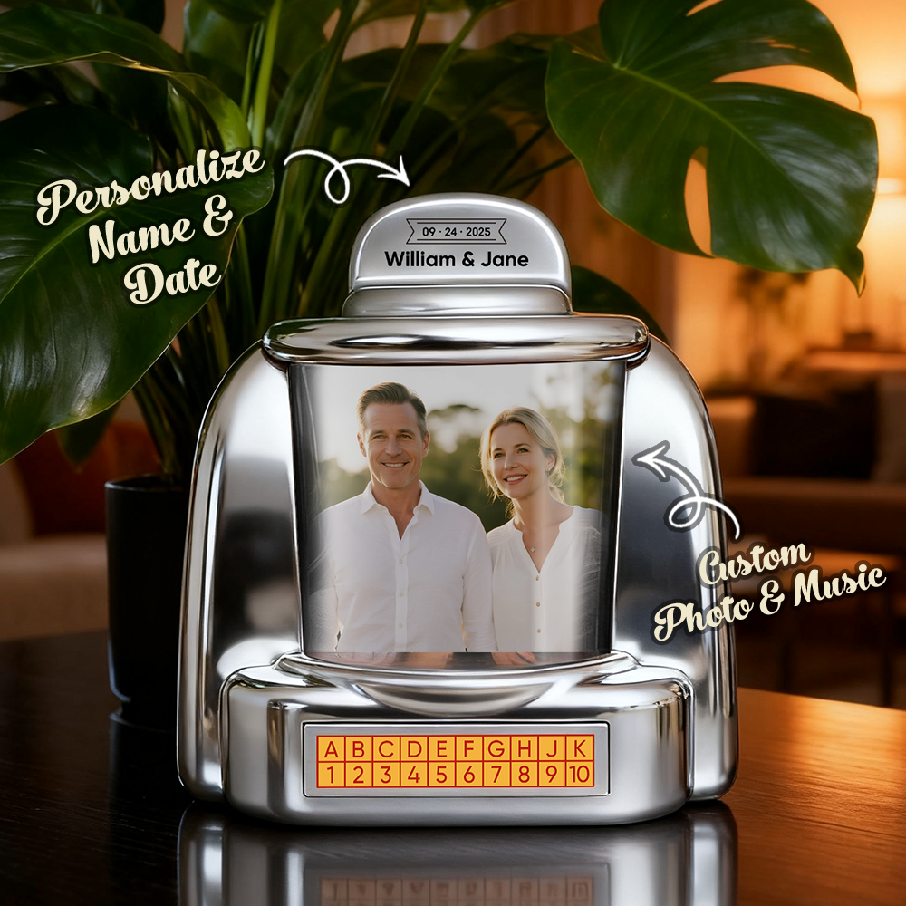 Custom Mini Jukebox Retro Speaker – Personalized Photo,Names & Date Music Mini Player with Radio | Vintage Tabletop Home Decor Nostalgic Christmas Retro Gifts - MySpotifyGlass