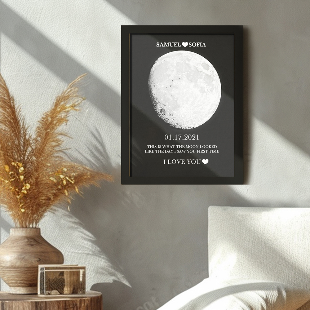 Custom Silver Moon Phase and Names Wooden Frame with Your Text Custom Couple Art Frame Best Valentine's Day Gift -