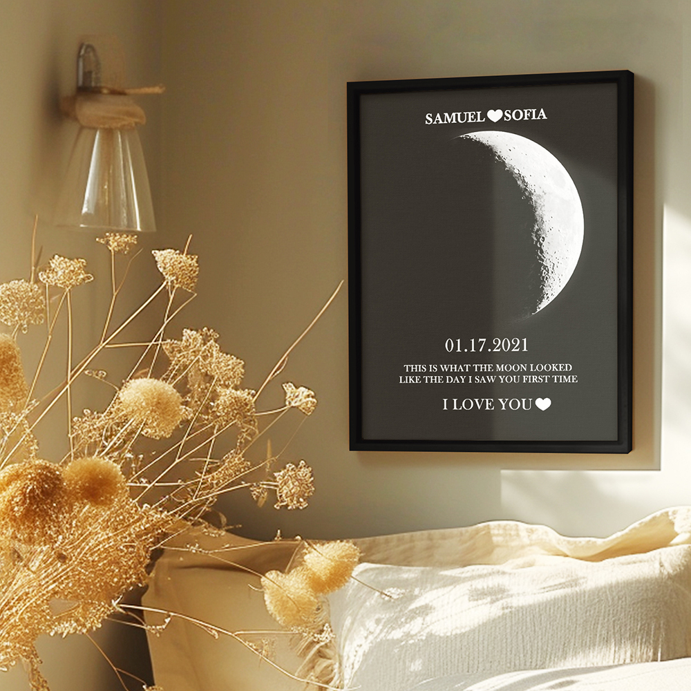 Custom Silver Moon Phase and Names Wooden Frame with Your Text Custom Couple Art Frame Best Valentine's Day Gift -