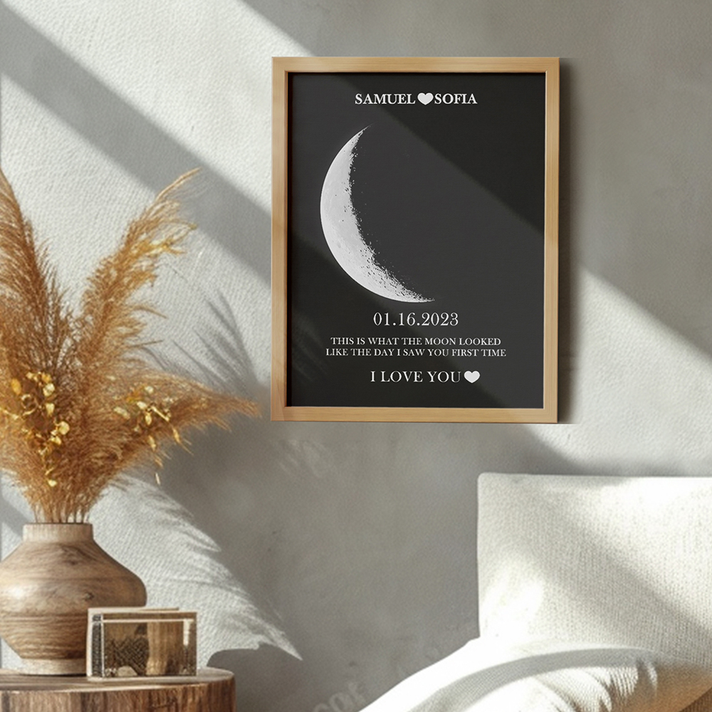 Custom Silver Moon Phase and Names Wooden Frame with Your Text Custom Couple Art Frame Best Valentine's Day Gift -