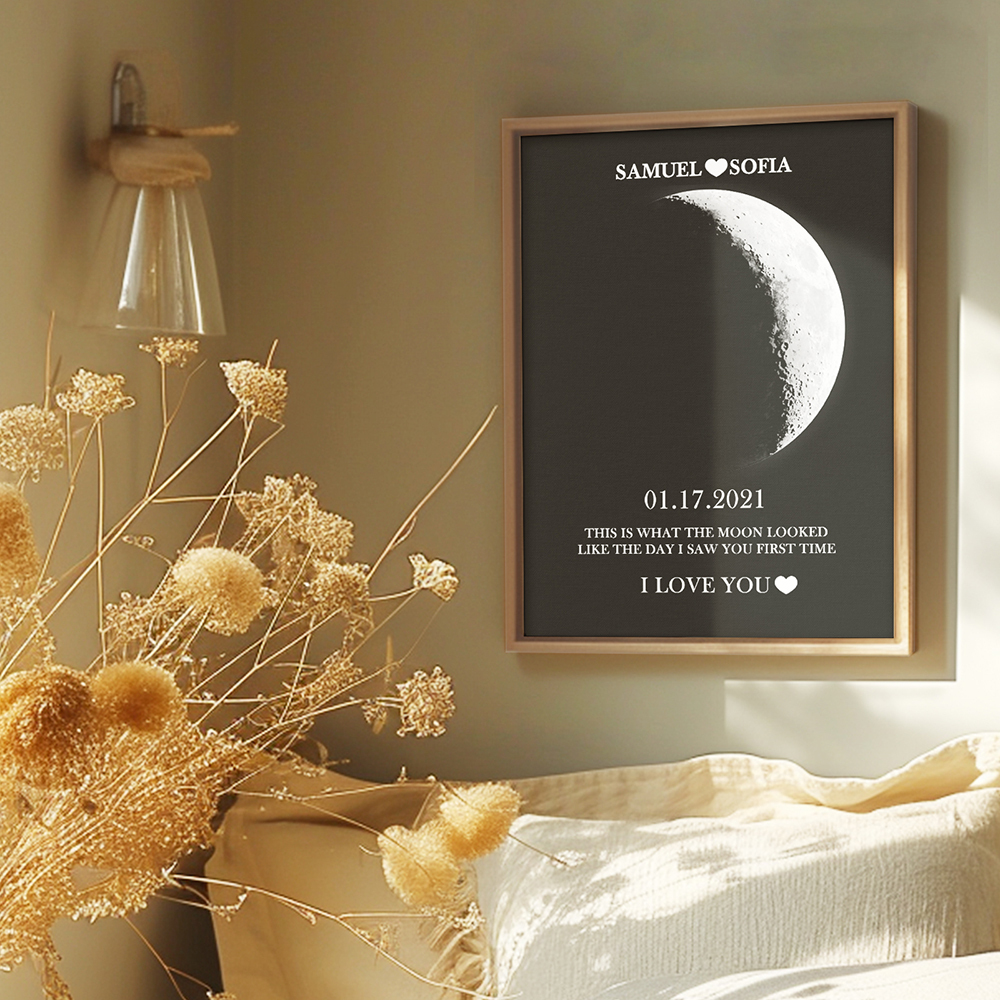 Custom Silver Moon Phase and Names Wooden Frame with Your Text Custom Couple Art Frame Best Valentine's Day Gift -