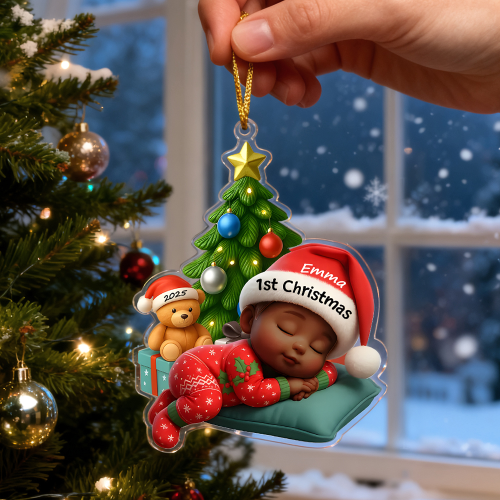 Sleeping Baby in Christmas Pajama Personalized Acrylic Ornament Baby's 1st Christmas