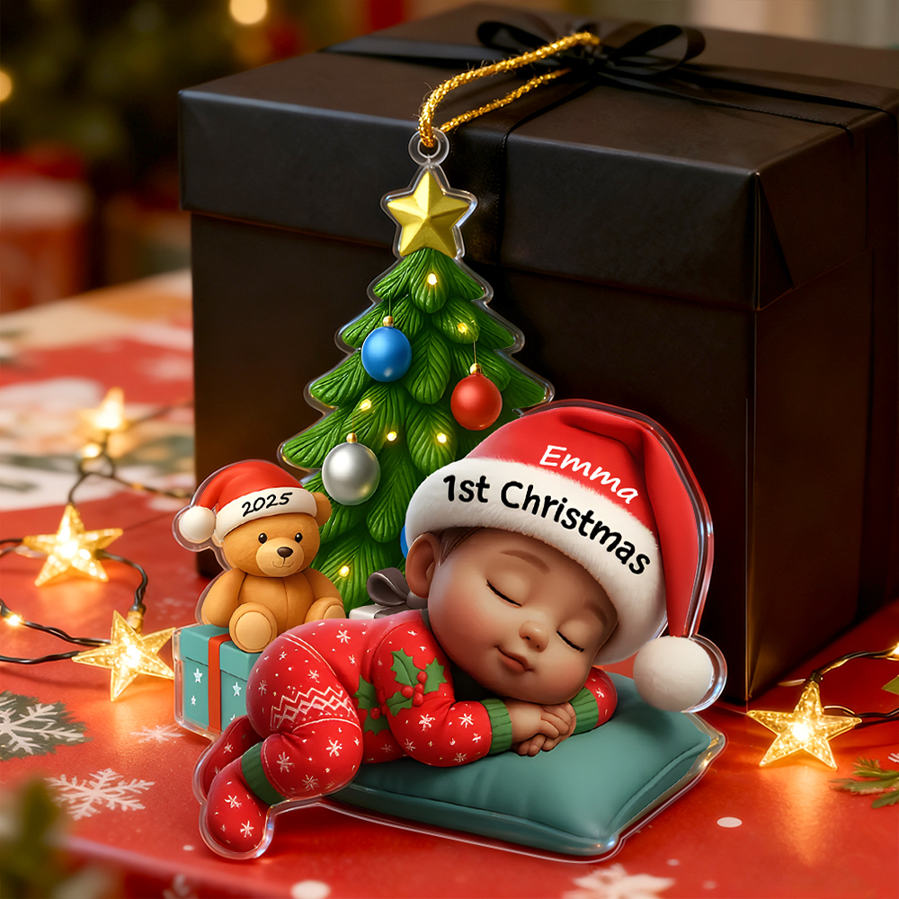 Sleeping Baby in Christmas Pajama Personalized Acrylic Ornament Baby's 1st Christmas