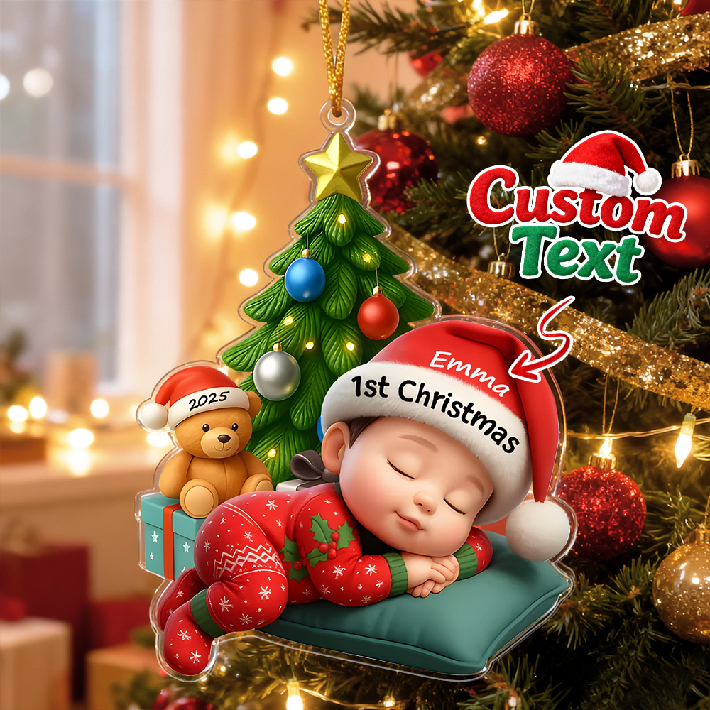 Sleeping Baby in Christmas Pajama Personalized Acrylic Ornament Baby's 1st Christmas