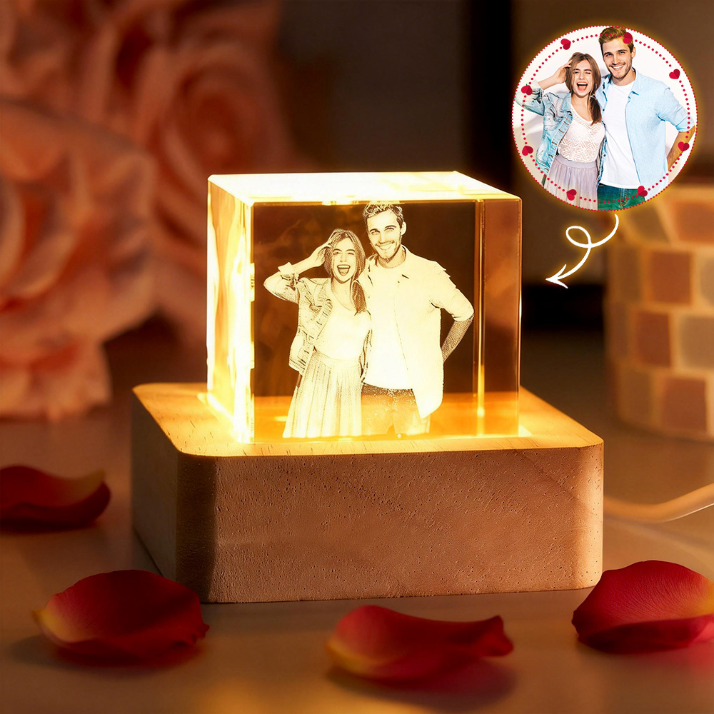Custom Photo Crystal night light small cube crystal creative desktop ornament bedside lamp gift for couples.