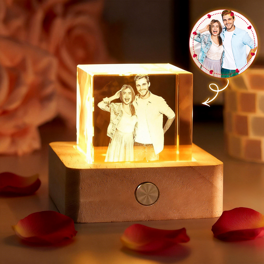 Custom Photo Crystal night light small cube crystal creative desktop ornament bedside lamp gift for couples.