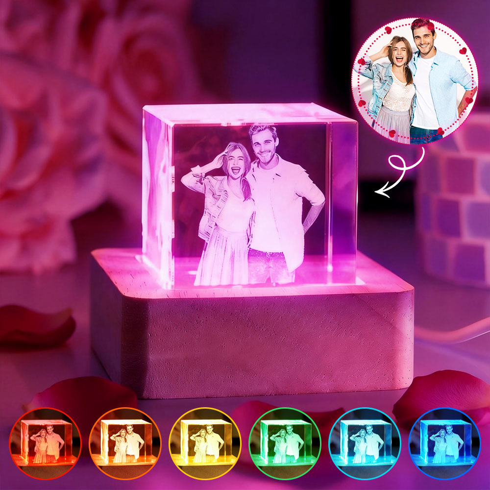 Custom Photo Crystal night light small cube crystal creative desktop ornament bedside lamp gift for couples.