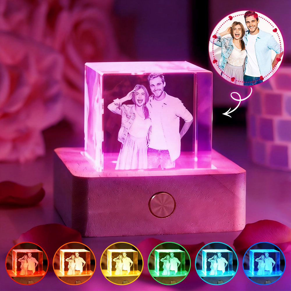 Custom Photo Crystal night light small cube crystal creative desktop ornament bedside lamp gift for couples.