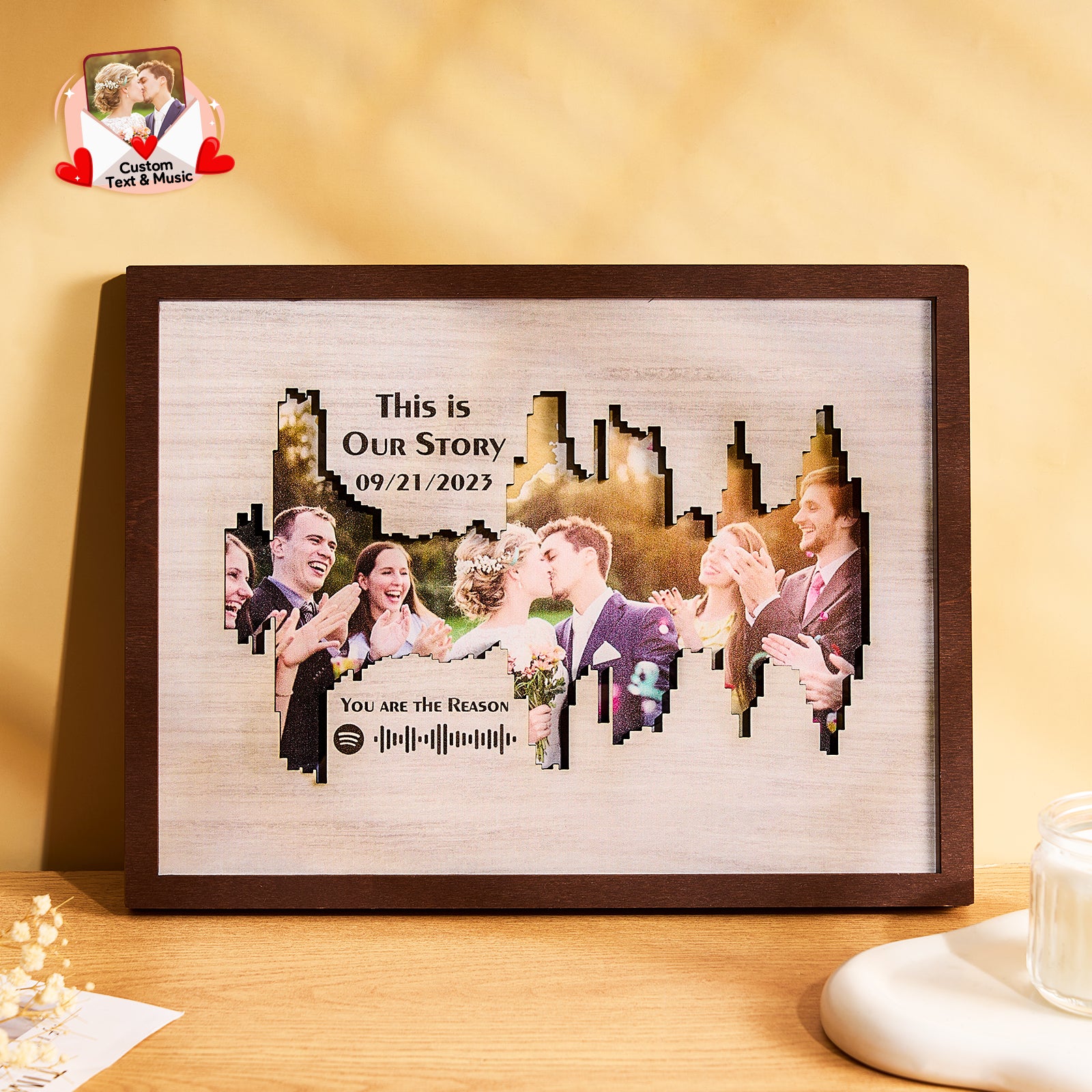 Personalized Photo Spotify Code Music Sound Wave Shaped Photo Frame with Custom Date and Text -