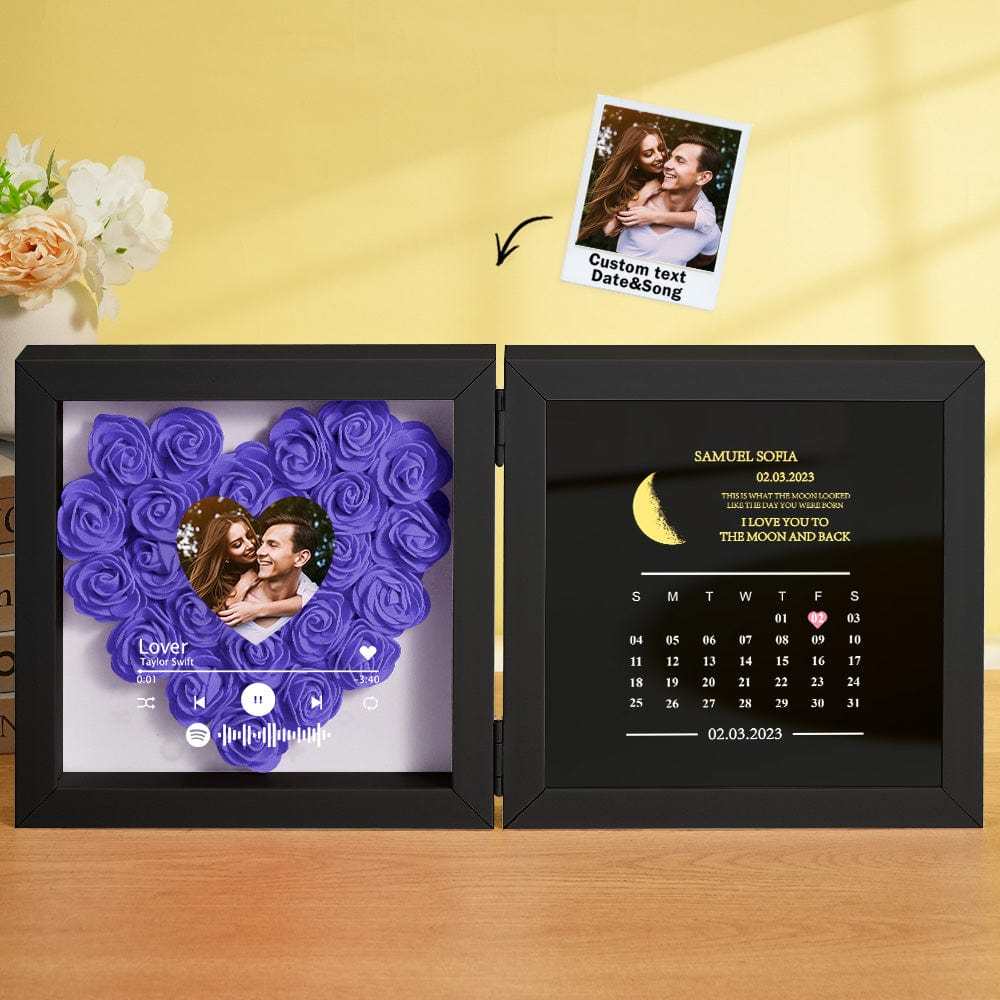 Personalized Photo Rose Flower Box Frame Custom Music Code Moon Phase Calendar Gift for Her - GiftLab