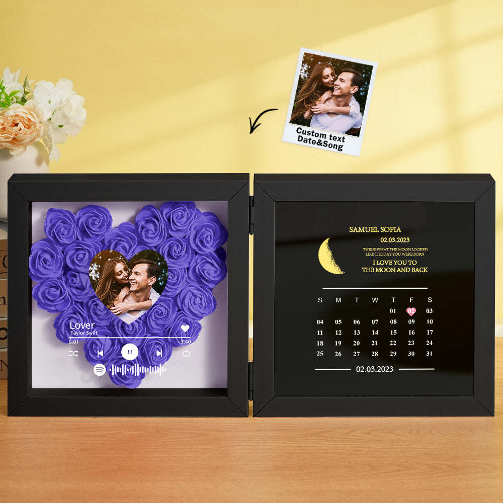 Personalized Photo Rose Flower Box Frame Custom Music Code Moon Phase Calendar Gift for Her -