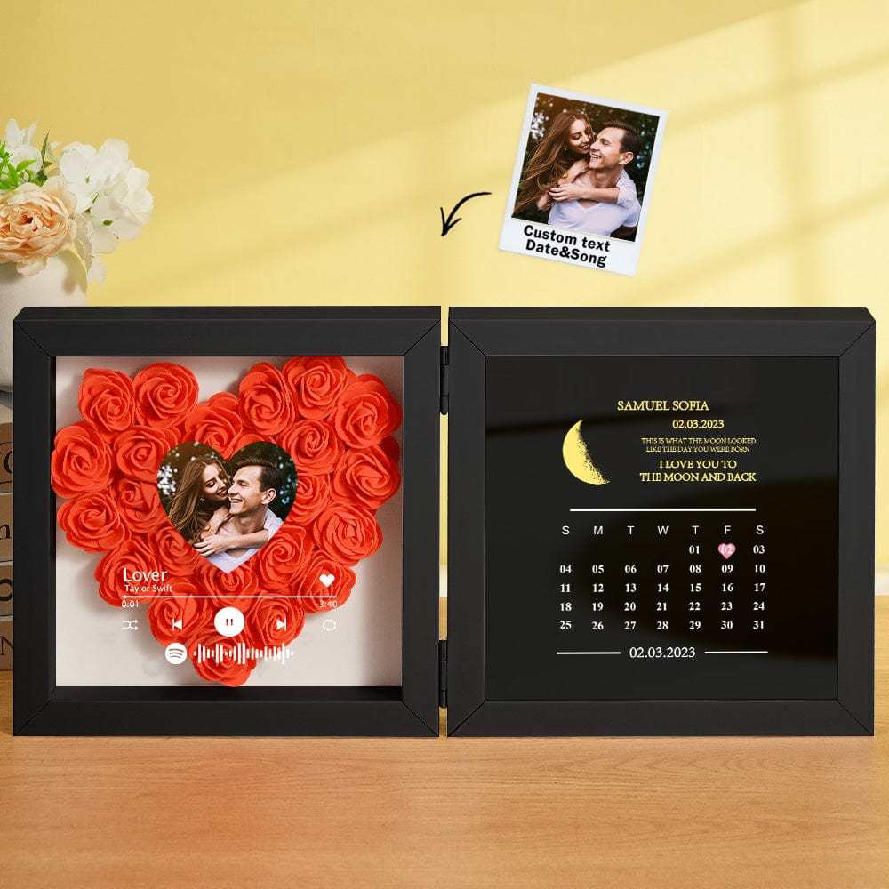 Personalized Photo Rose Flower Box Frame Custom Music Code Moon Phase Calendar Gift for Her - GiftLab