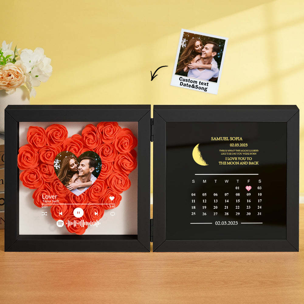 Personalized Photo Rose Flower Box Frame Custom Music Code Moon Phase Calendar Gift for Her -