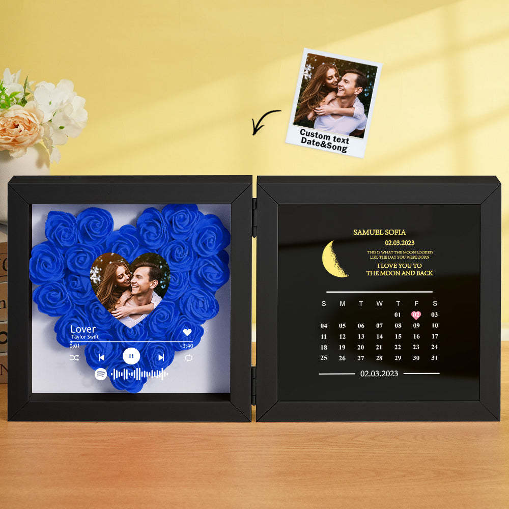 Personalized Photo Rose Flower Box Frame Custom Music Code Moon Phase Calendar Gift for Her -