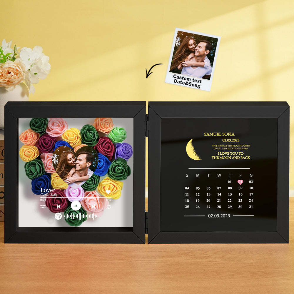 Personalized Photo Rose Flower Box Frame Custom Music Code Moon Phase Calendar Gift for Her -