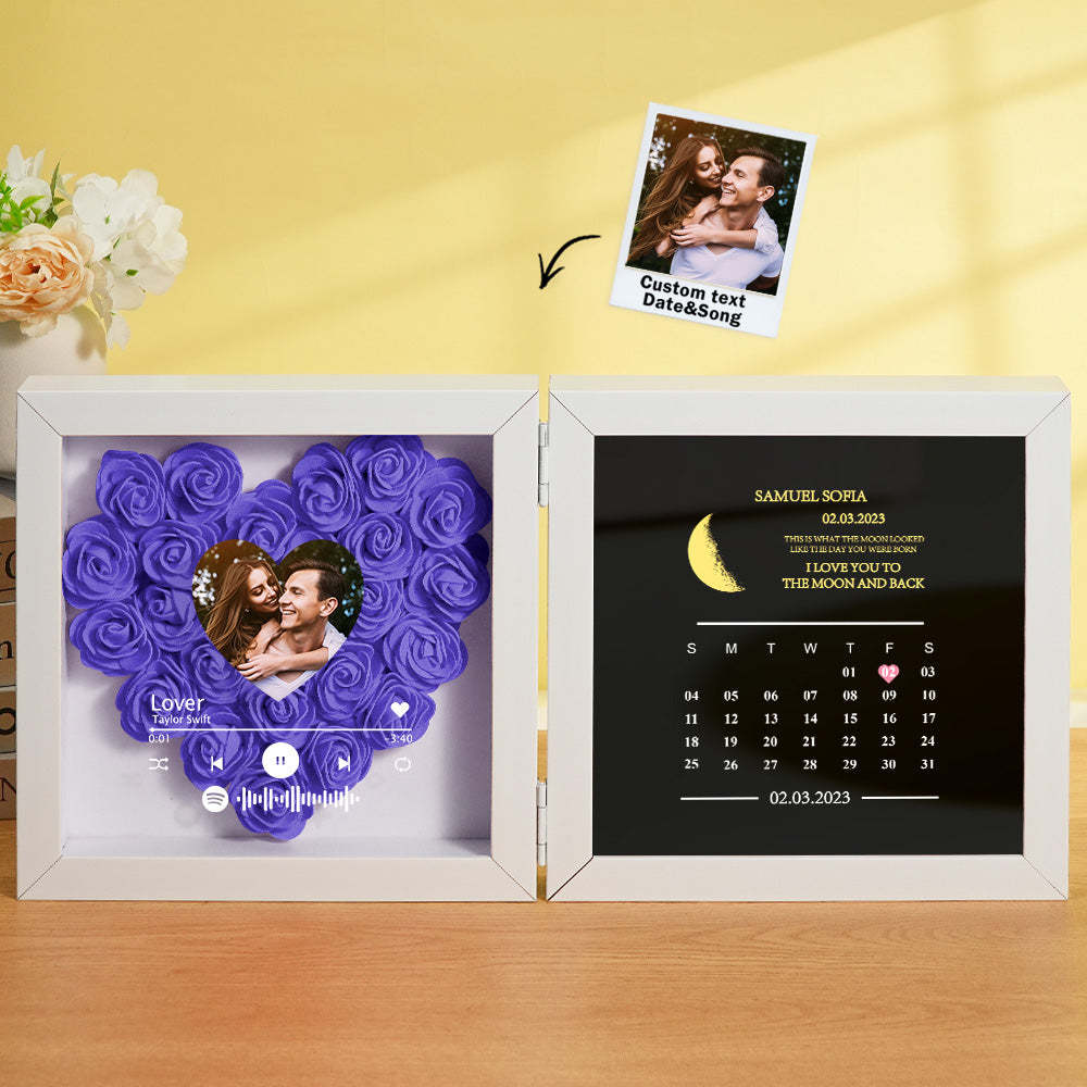 Personalized Photo Rose Flower Box Frame Custom Music Code Moon Phase Calendar Gift for Her -