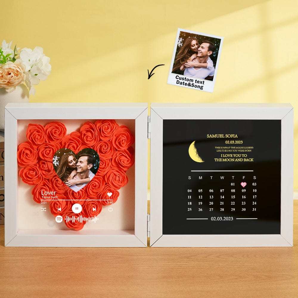 Personalized Photo Rose Flower Box Frame Custom Music Code Moon Phase Calendar Gift for Her - GiftLab