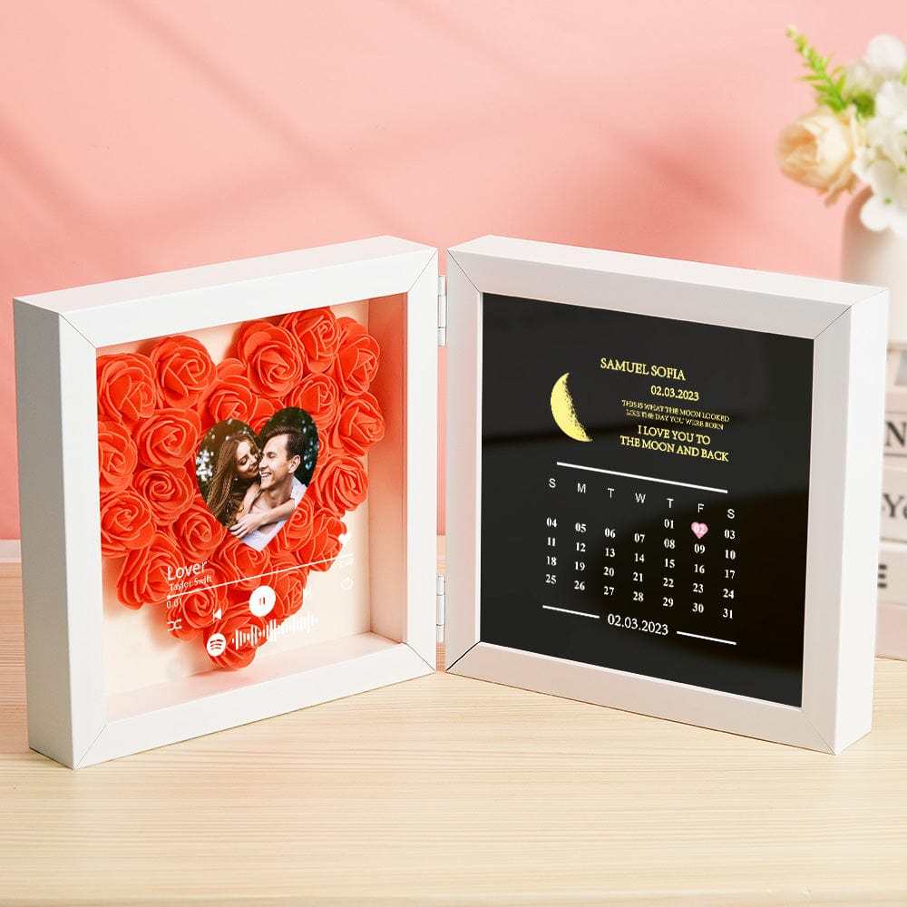 Personalized Photo Rose Flower Box Frame Custom Music Code Moon Phase Calendar Gift for Her - GiftLab