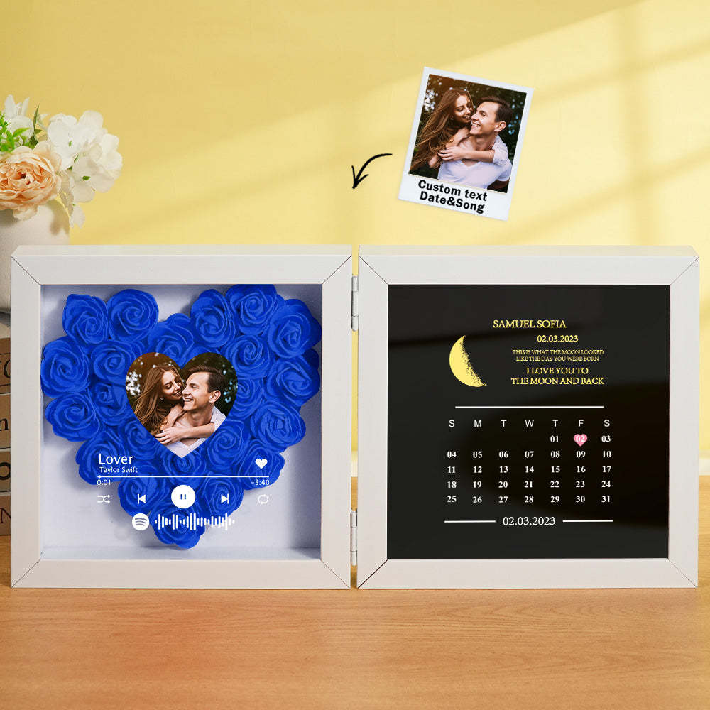 Personalized Photo Rose Flower Box Frame Custom Music Code Moon Phase Calendar Gift for Her -