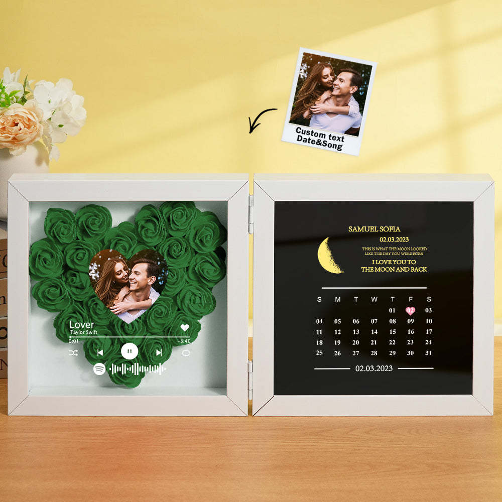 Personalized Photo Rose Flower Box Frame Custom Music Code Moon Phase Calendar Gift for Her -