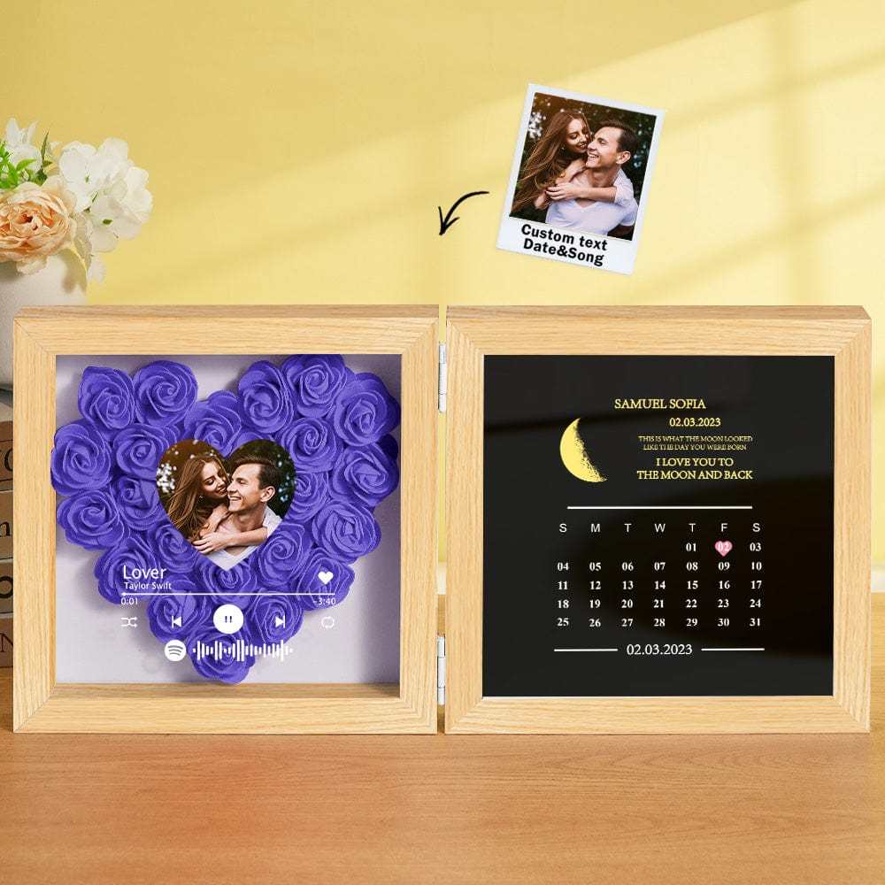 Personalized Photo Rose Flower Box Frame Custom Music Code Moon Phase Calendar Gift for Her - GiftLab