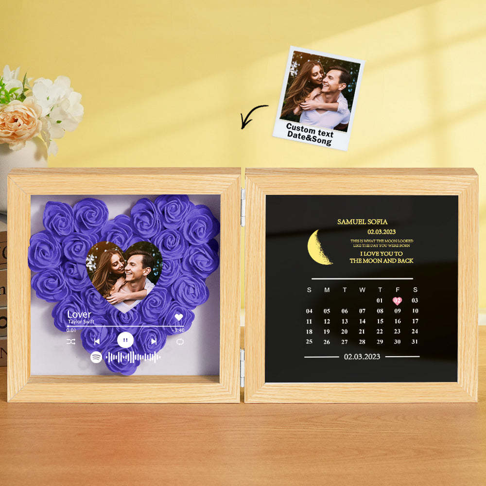 Personalized Photo Rose Flower Box Frame Custom Music Code Moon Phase Calendar Gift for Her -