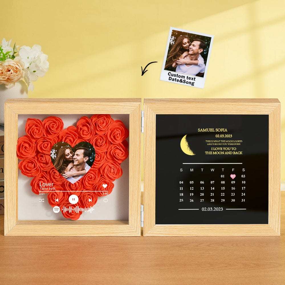 Personalized Photo Rose Flower Box Frame Custom Music Code Moon Phase Calendar Gift for Her - GiftLab