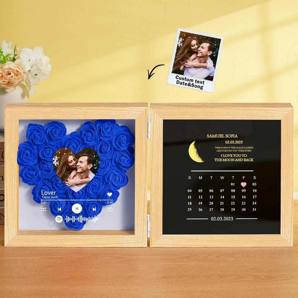 Personalized Photo Rose Flower Box Frame Custom Music Code Moon Phase Calendar Gift for Her - GiftLab