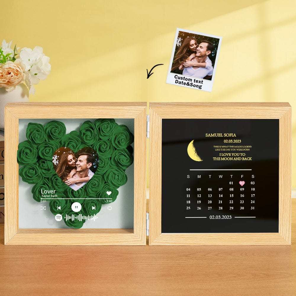 Personalized Photo Rose Flower Box Frame Custom Music Code Moon Phase Calendar Gift for Her - GiftLab