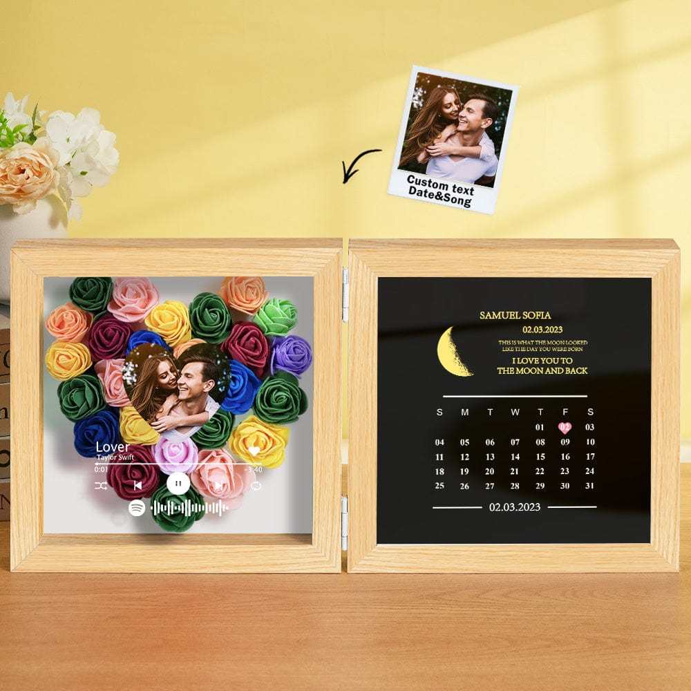 Personalized Photo Rose Flower Box Frame Custom Music Code Moon Phase Calendar Gift for Her - GiftLab