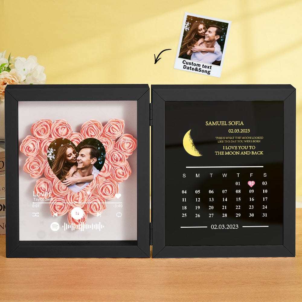 Personalized Photo Rose Flower Box Frame Custom Music Code Moon Phase Calendar Gift for Her - GiftLab
