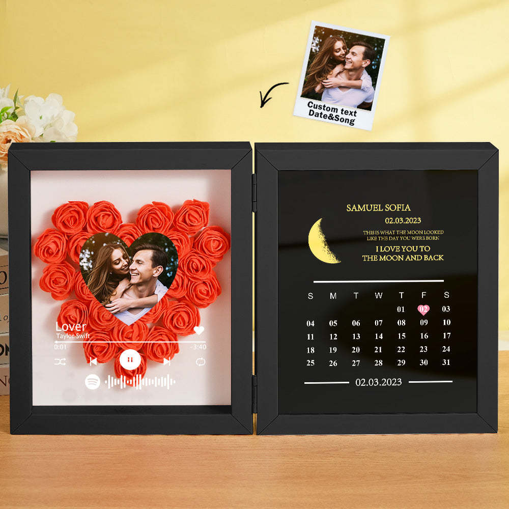 Personalized Photo Rose Flower Box Frame Custom Music Code Moon Phase Calendar Gift for Her -
