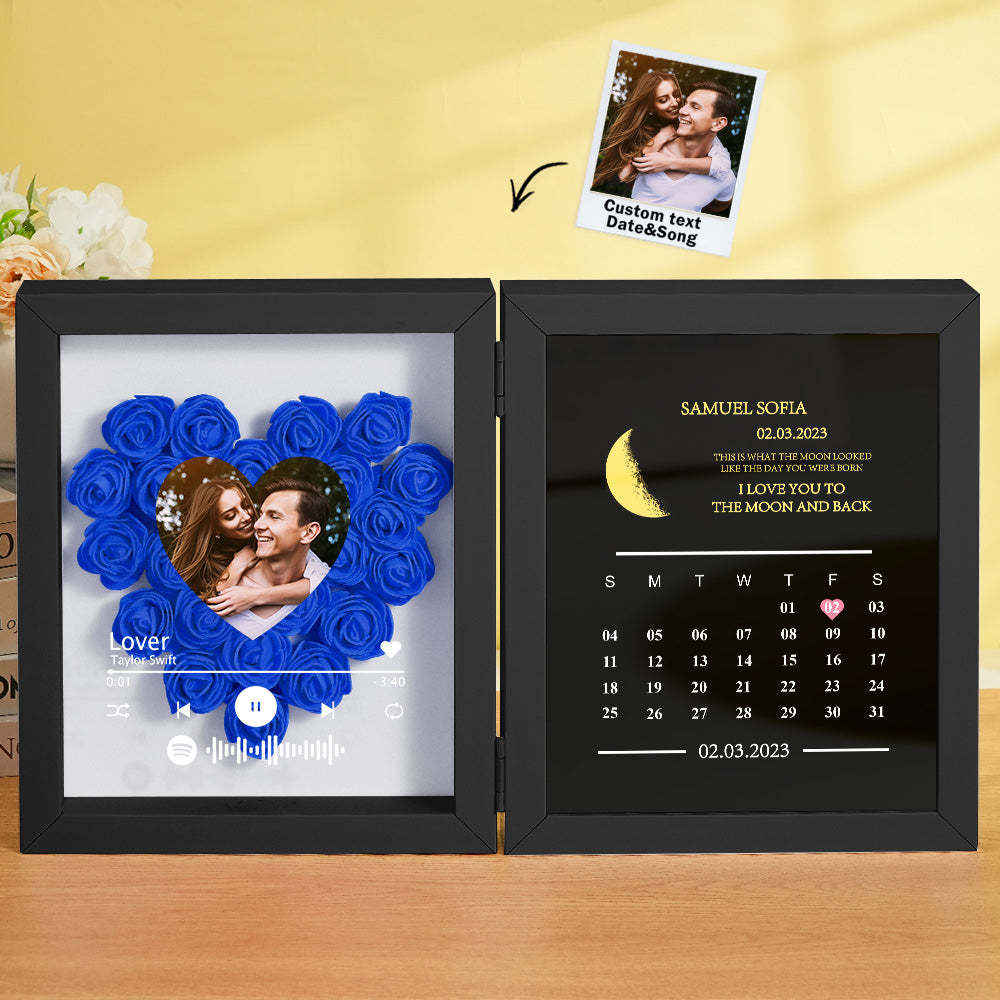 Personalized Photo Rose Flower Box Frame Custom Music Code Moon Phase Calendar Gift for Her -