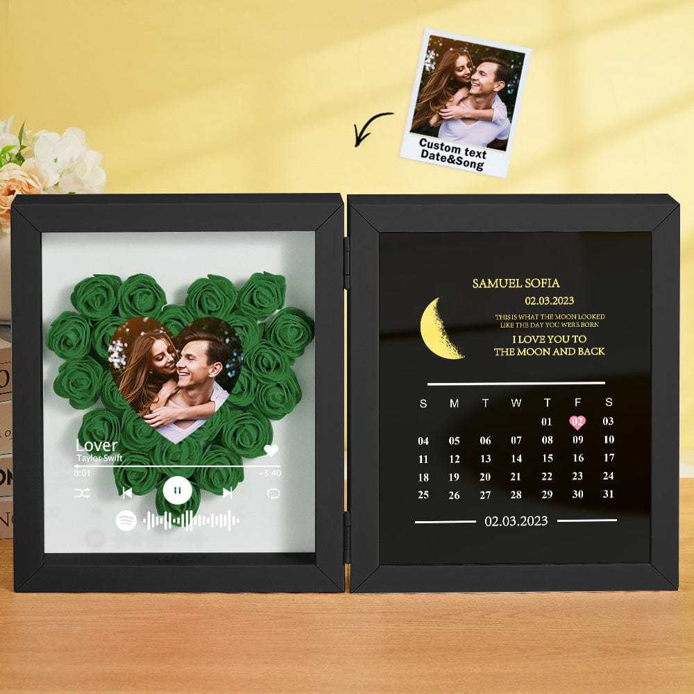 Personalized Photo Rose Flower Box Frame Custom Music Code Moon Phase Calendar Gift for Her - GiftLab