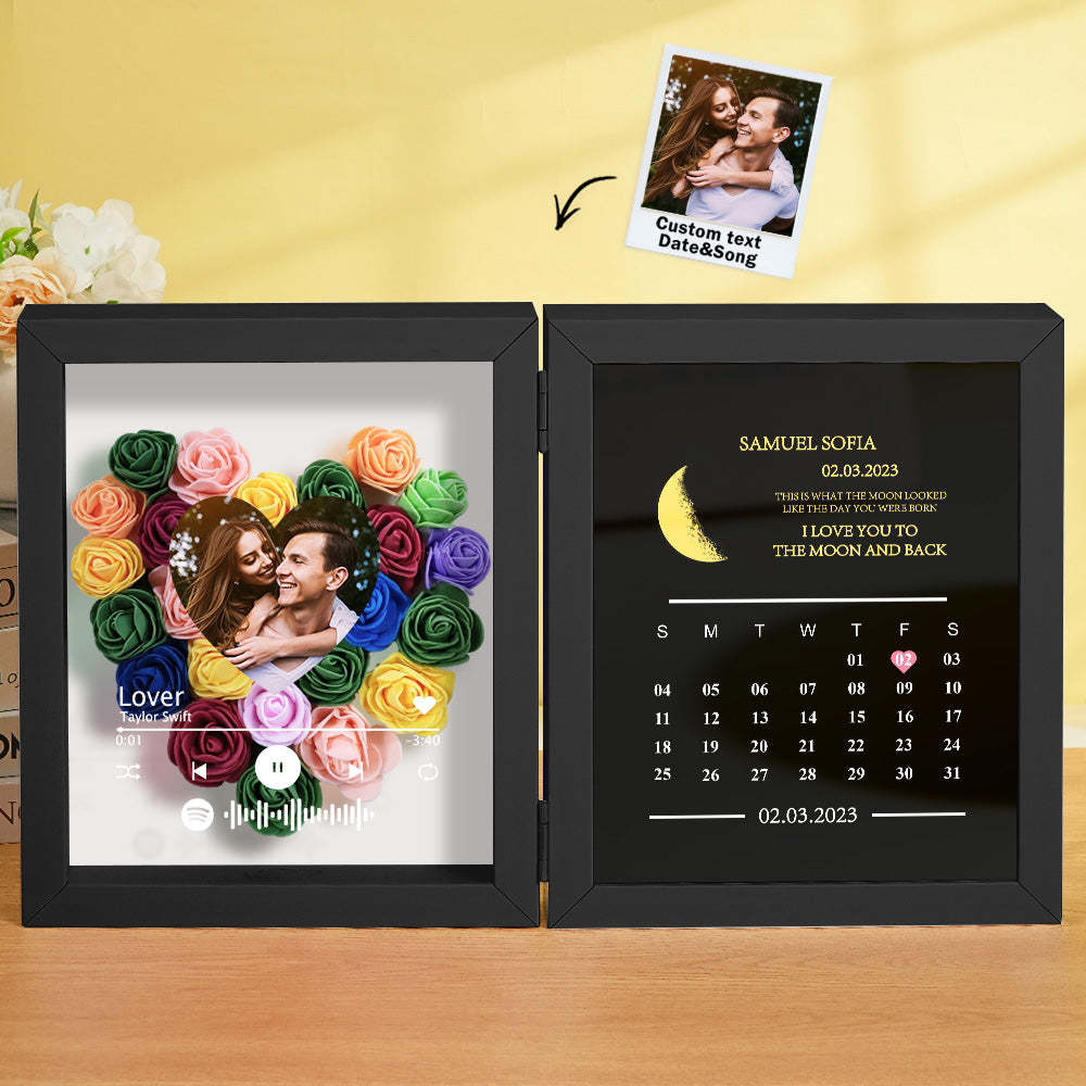 Personalized Photo Rose Flower Box Frame Custom Music Code Moon Phase Calendar Gift for Her -