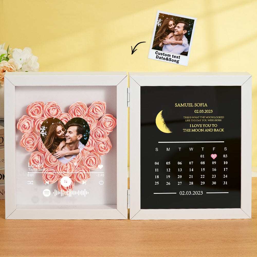 Personalized Photo Rose Flower Box Frame Custom Music Code Moon Phase Calendar Gift for Her - GiftLab