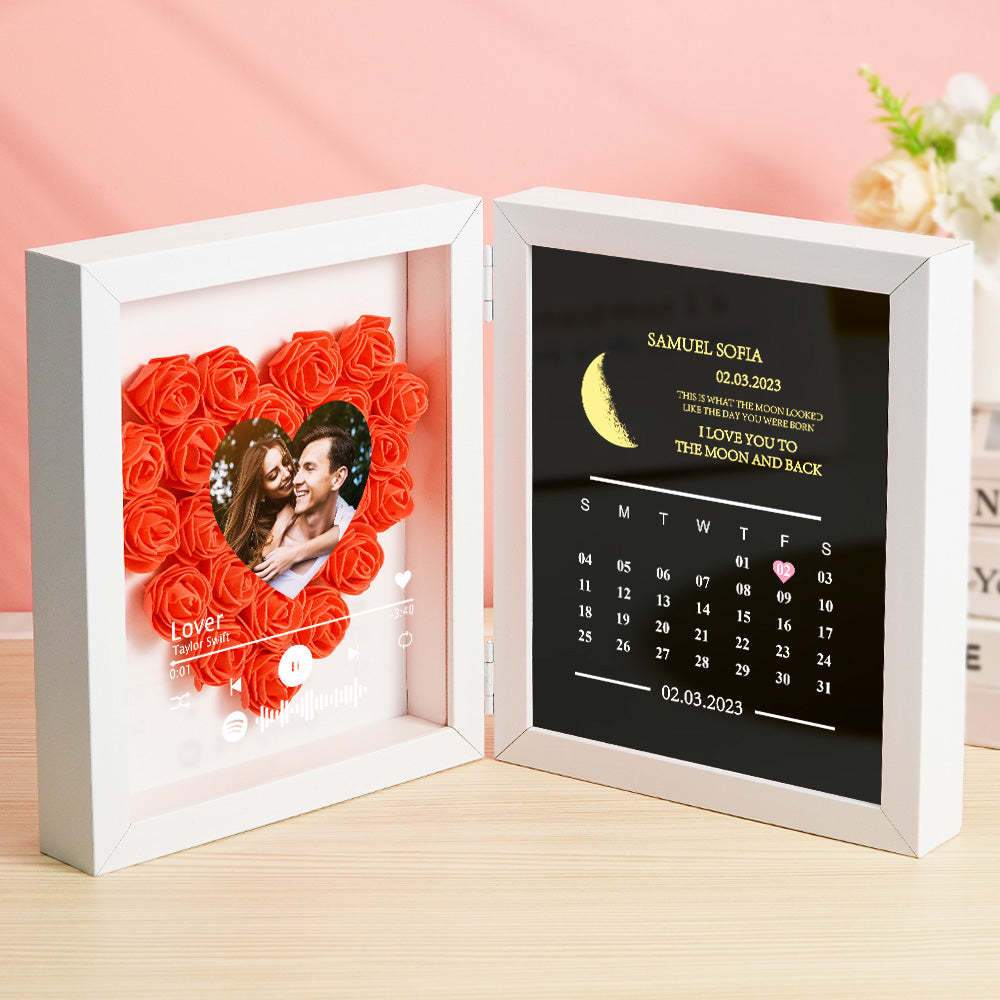 Personalized Photo Rose Flower Box Frame Custom Music Code Moon Phase Calendar Gift for Her -
