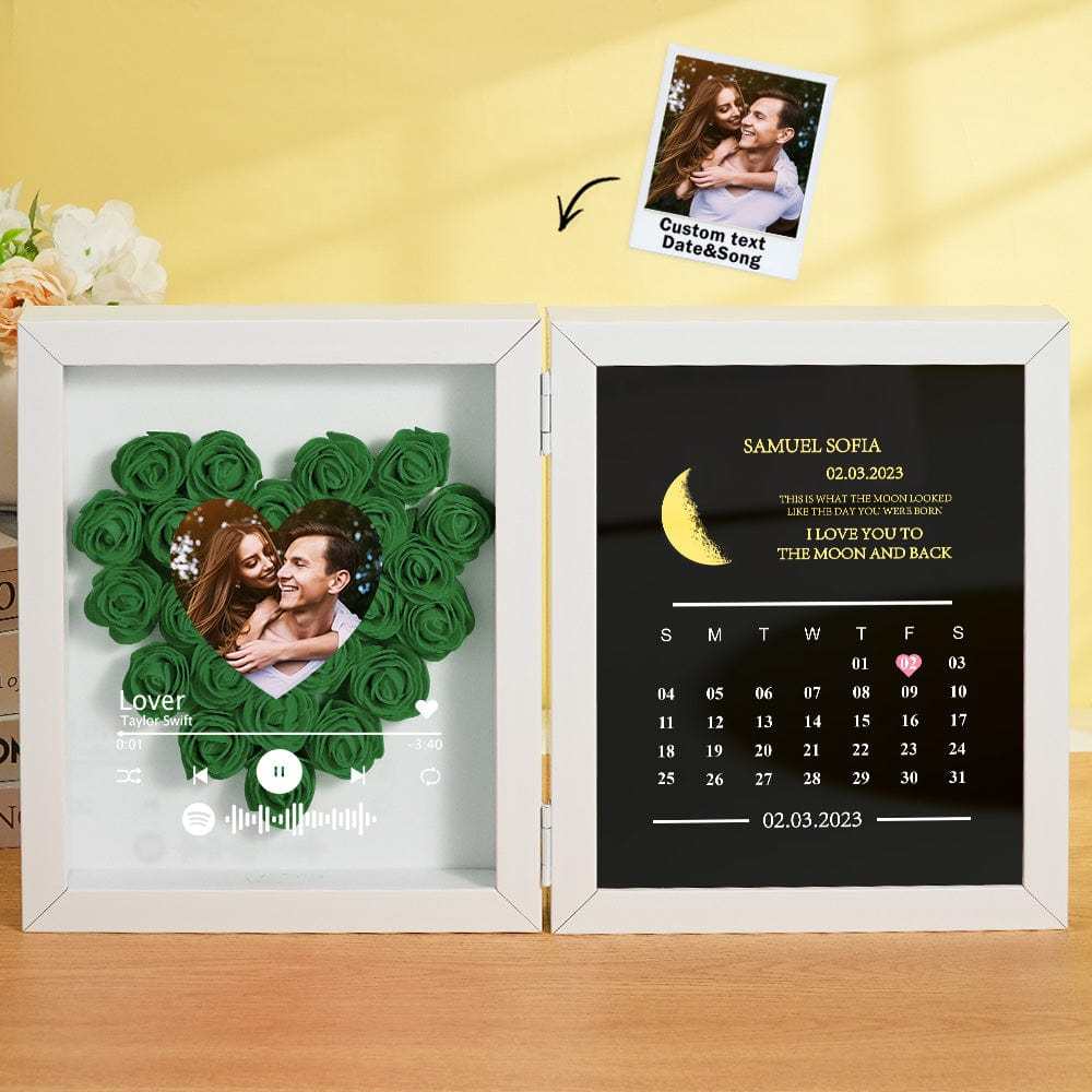 Personalized Photo Rose Flower Box Frame Custom Music Code Moon Phase Calendar Gift for Her - GiftLab