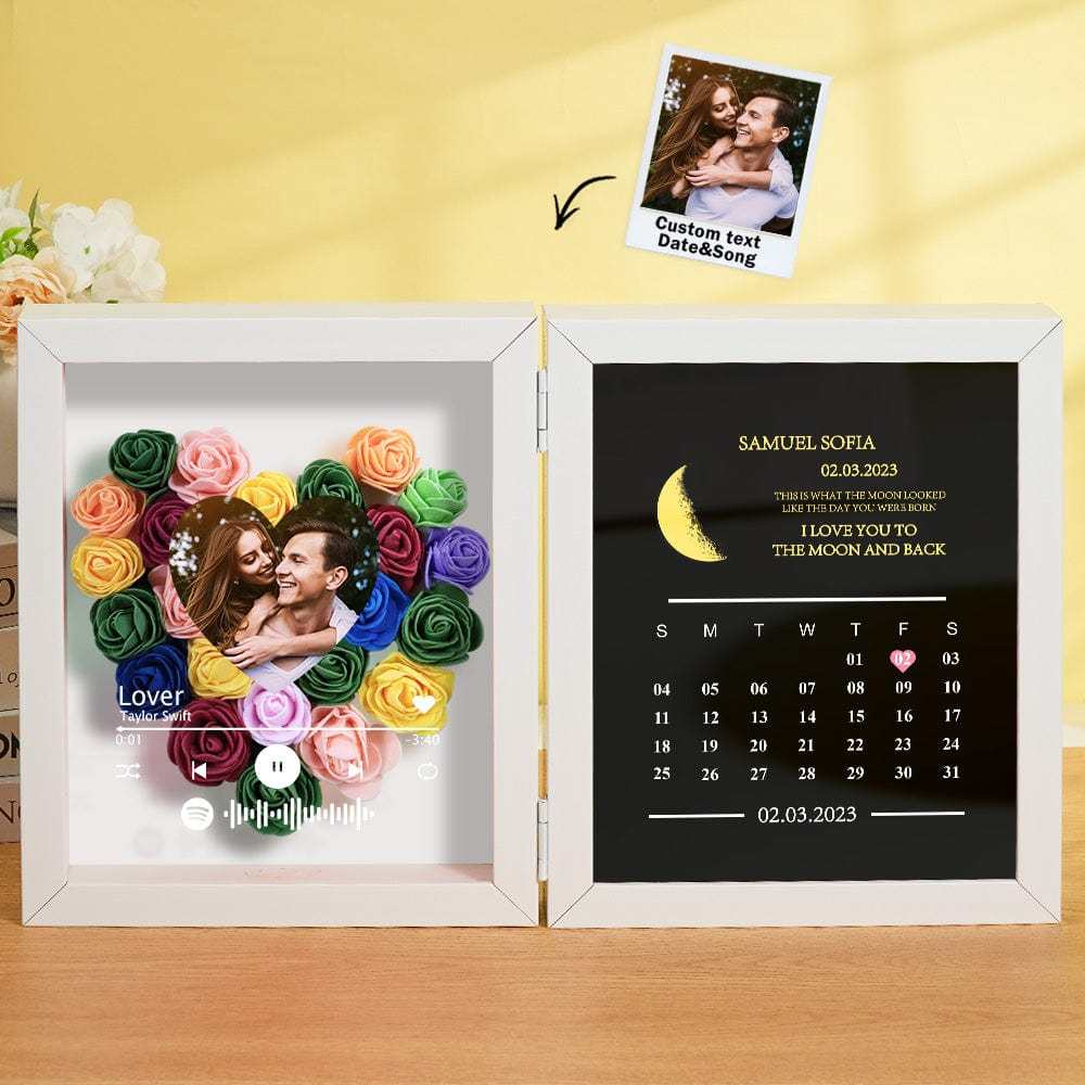 Personalized Photo Rose Flower Box Frame Custom Music Code Moon Phase Calendar Gift for Her - GiftLab