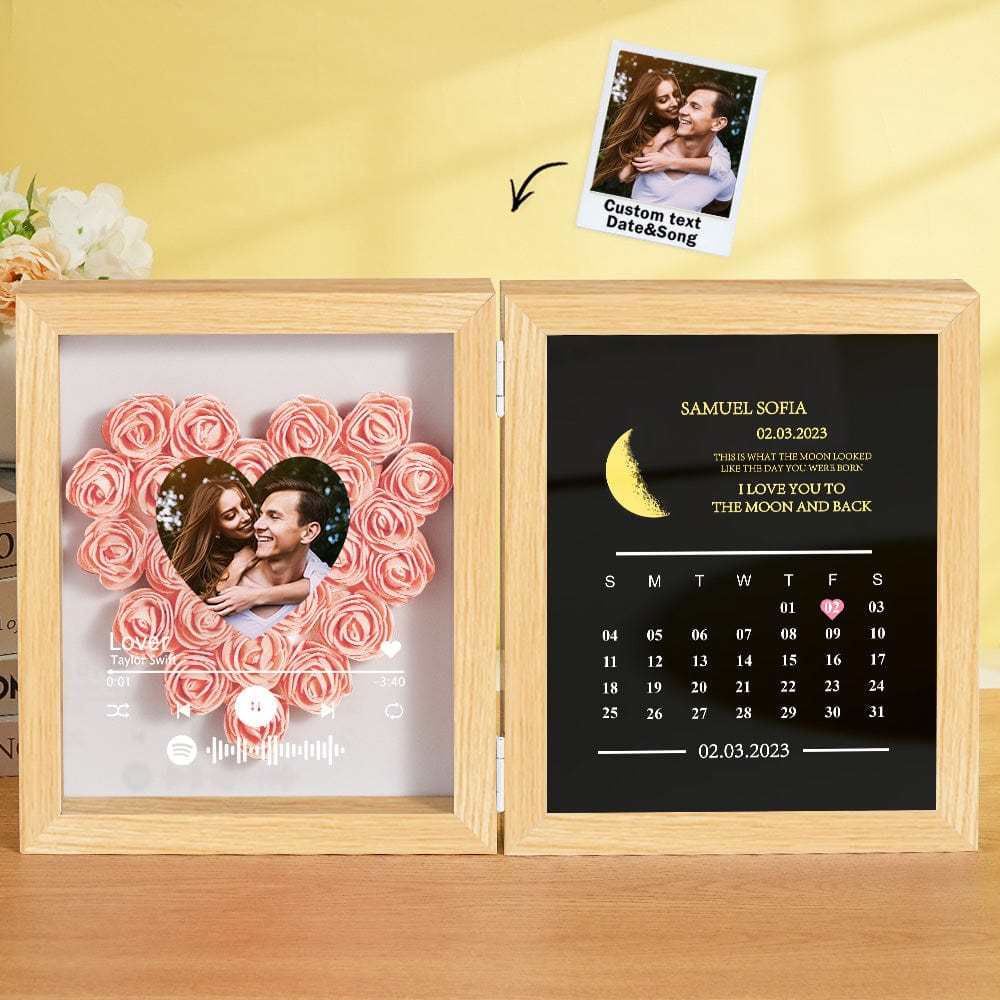 Personalized Photo Rose Flower Box Frame Custom Music Code Moon Phase Calendar Gift for Her - GiftLab