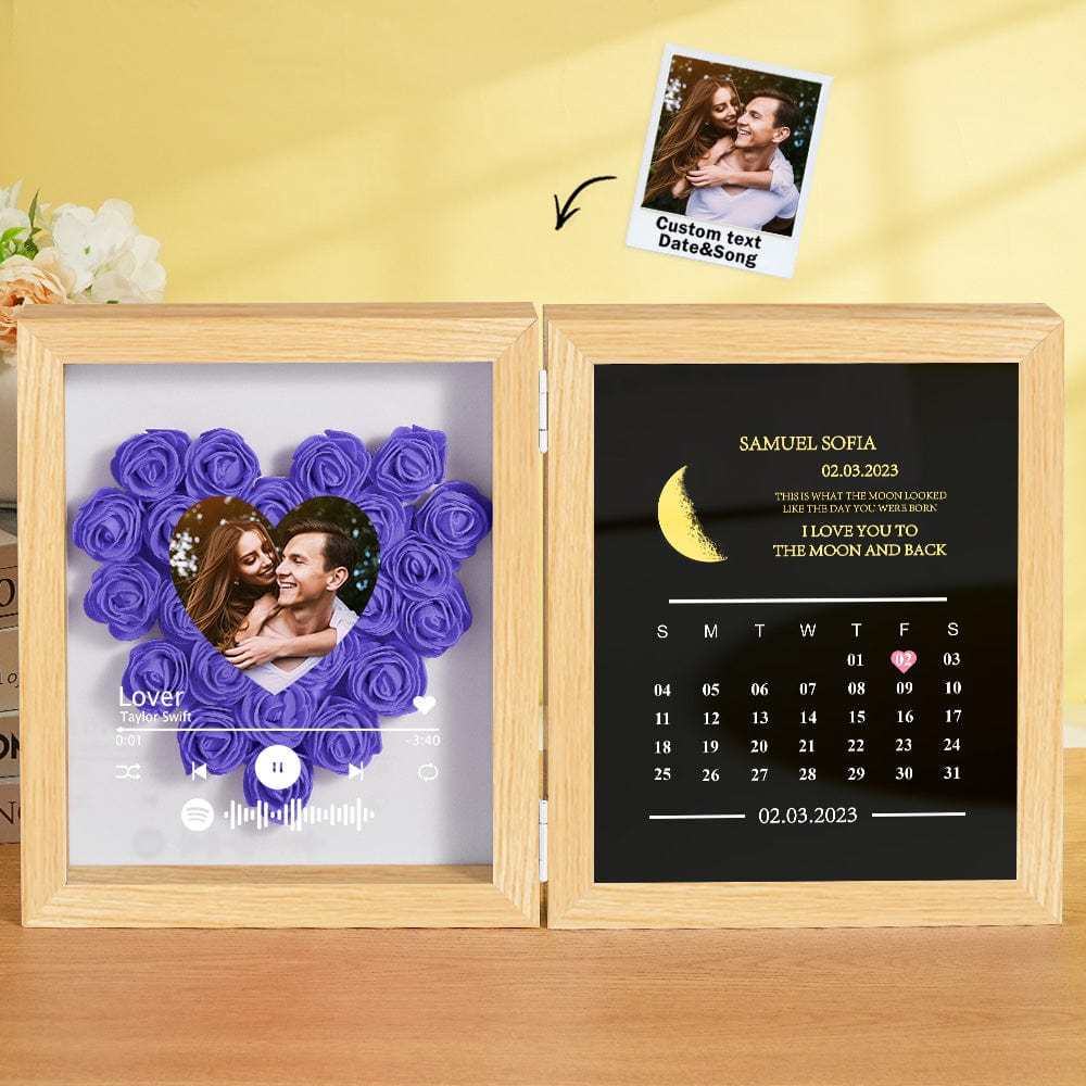 Personalized Photo Rose Flower Box Frame Custom Music Code Moon Phase Calendar Gift for Her - GiftLab