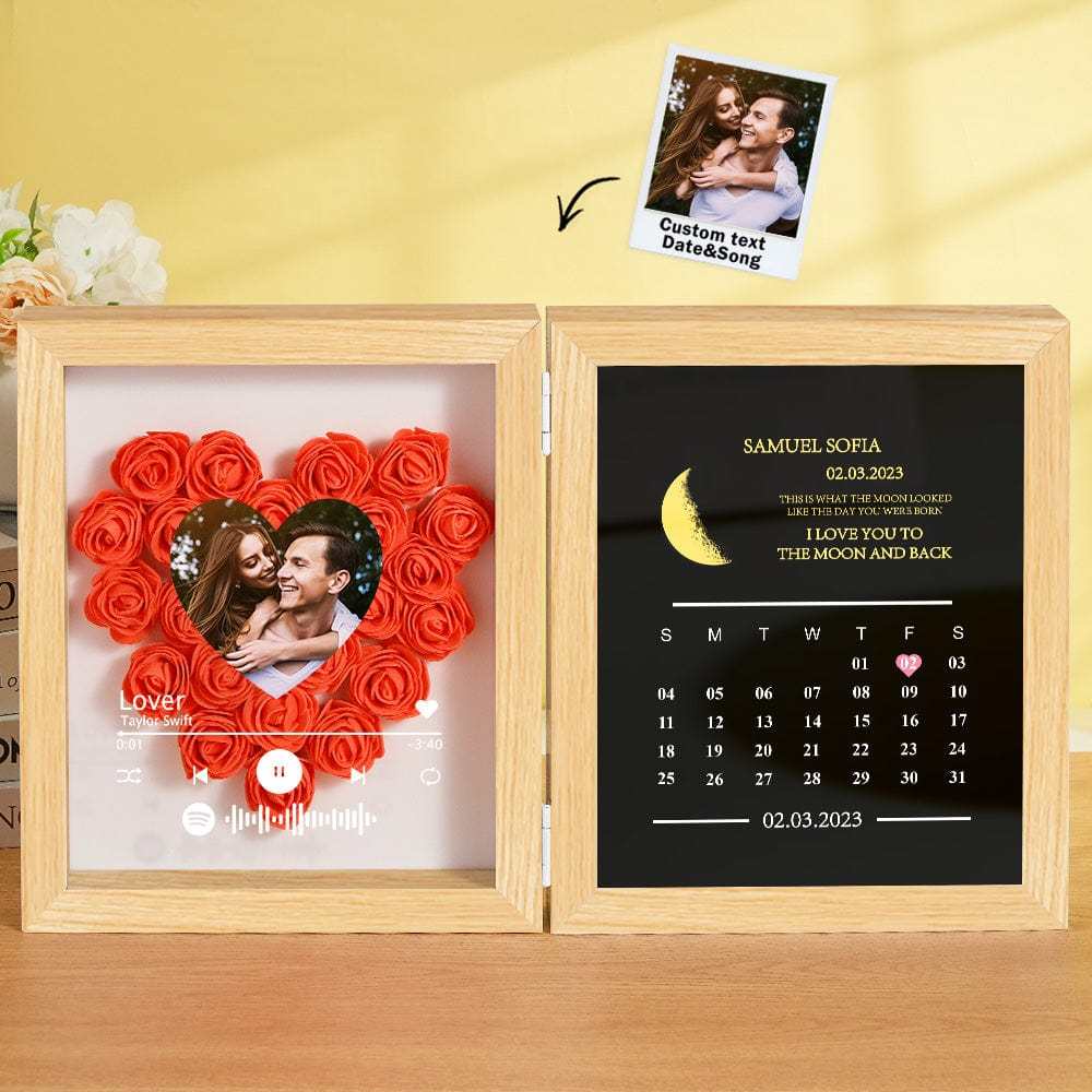 Personalized Photo Rose Flower Box Frame Custom Music Code Moon Phase Calendar Gift for Her - GiftLab