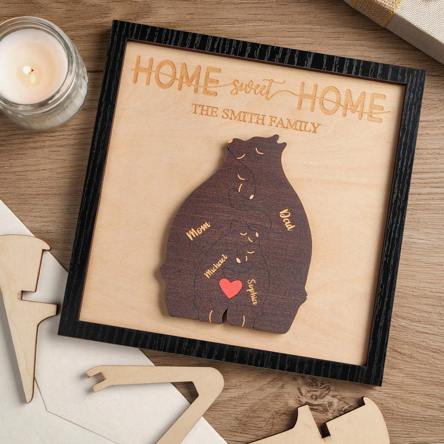 Custom Name Bear Family Puzzle Wooden Frame Personalized Wooden Home Decorations Motther's Day Gift -