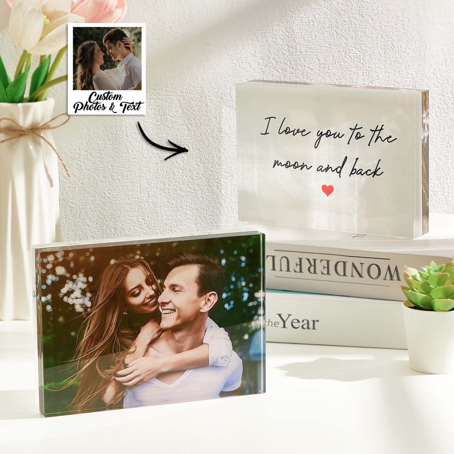 Custom Photo Acrylic Crystal Block with Personalized Text Gift for Couples Valentine's Gift -