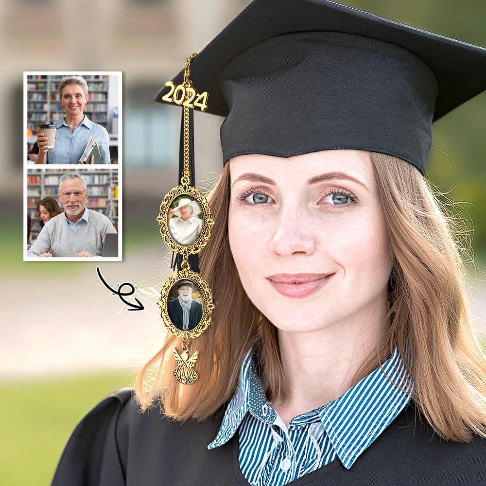 2024 Personalized Graduation Photo Memorial Tassel Charm with Angel Wing Grad Cap Graduation Gift